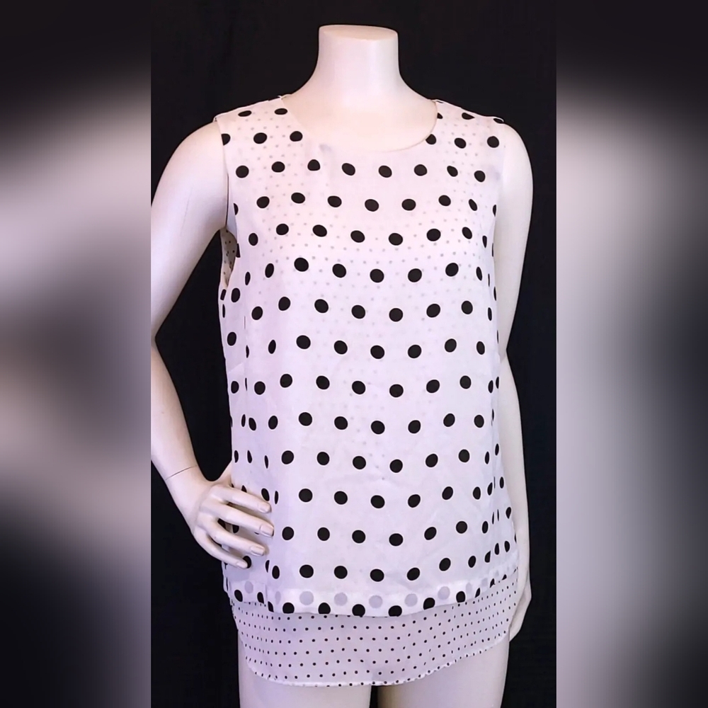 Rose Olive Womens M Sheer Polka Dot Spotted White Black Sleeveless Blouse